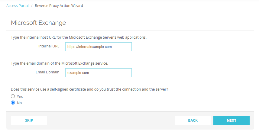 Screenshot that shows the Microsoft Exchange page in the wizard.